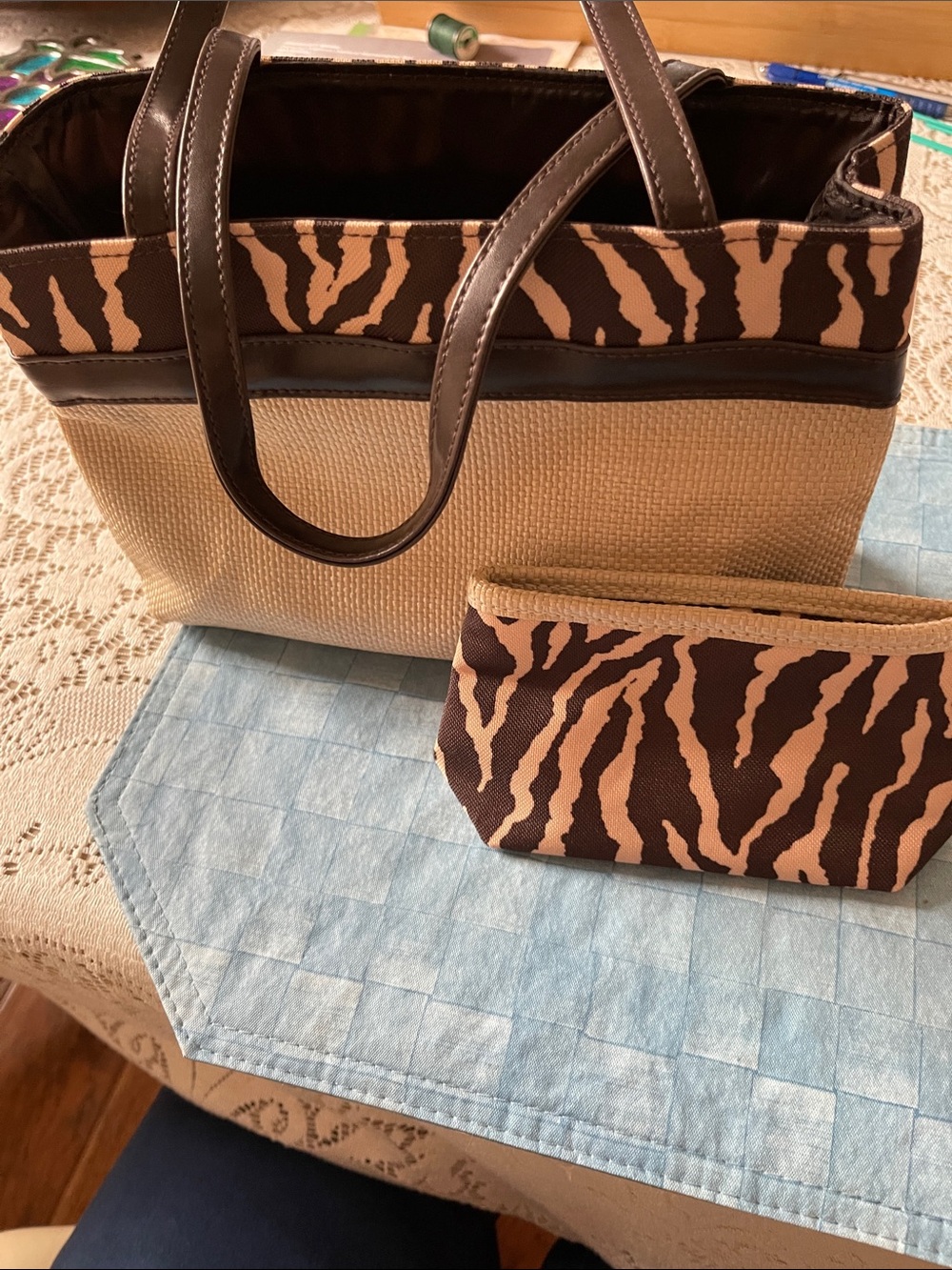 Estee Lauder Brown and Cream Zebra-Print Canvas Pouch